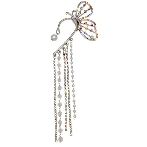 Silver Wing Pearls Dangling Crystal Ear Wrap Ear Crawler Set Earrings  NEW - Picture 4 of 4